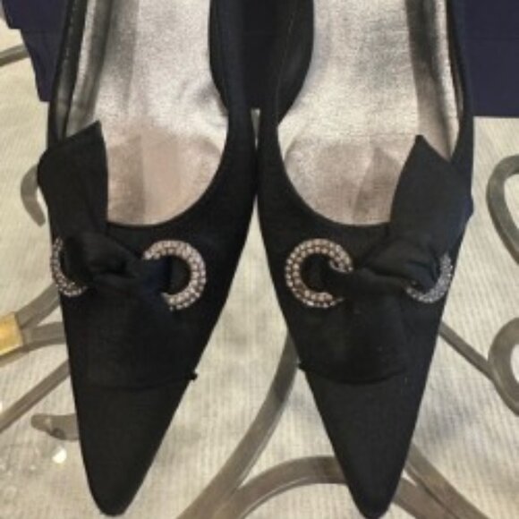 Stewart Weitzman, Size 7M, Black Satin with Rhinestones - Picture 1 of 5